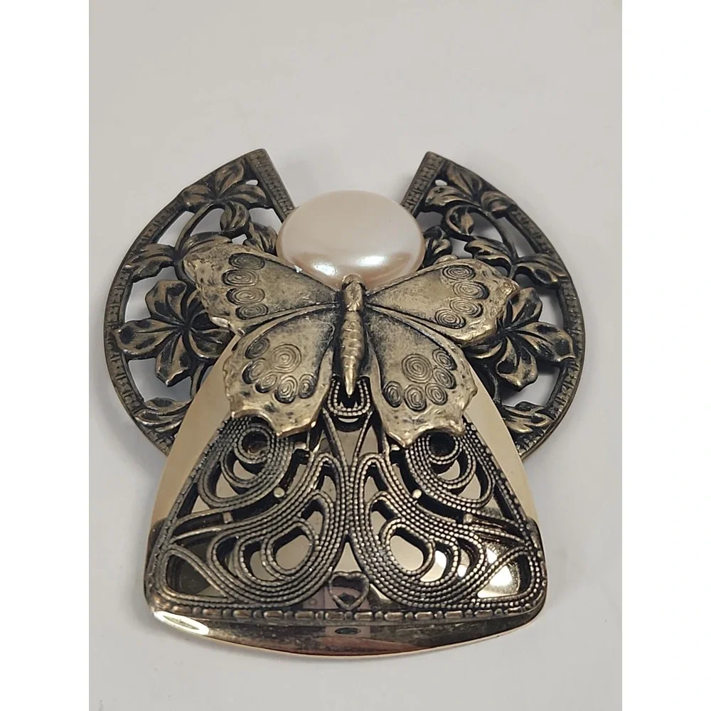 Vtg 90s Jane Davis 1996 AOL Angel Brooch Pin Faux Pearl Butterfly Filigree 2.75
